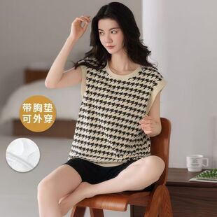 坎肩套装 背心短裤 千鸟格家居服可外穿 睡衣女士夏季 带胸垫一体无袖