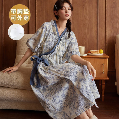 自带胸垫一体长款和服睡裙女夏季云朵棉短袖睡衣夏天薄款家居服女