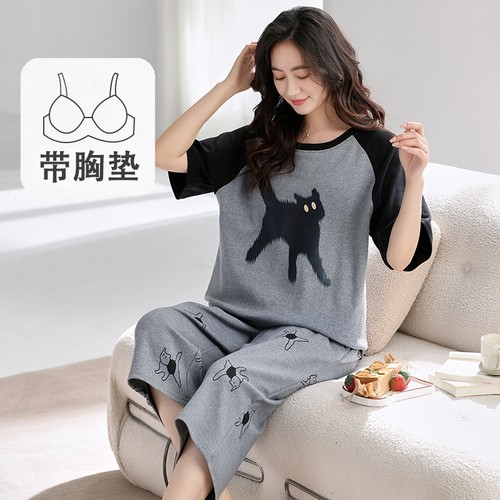 自带胸垫一体睡衣女夏季短袖七分裤夏天时尚卡通可外穿家居服套装