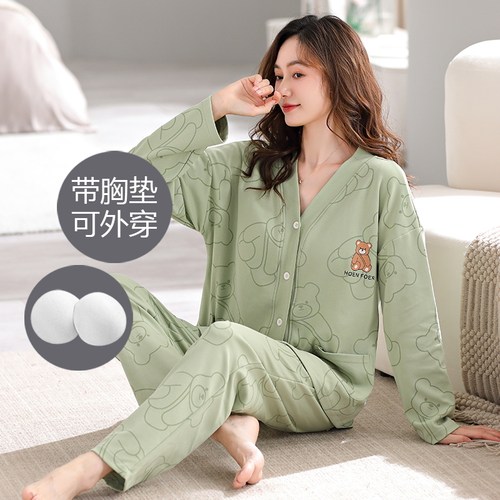 带胸垫睡衣女春秋款纯棉长袖和服
