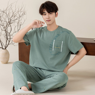 男士 夏天舒适棉男式 睡衣短袖 简约宽松加大码 青少年家居服 长裤 夏季