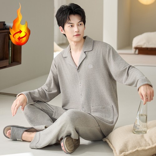 秋冬男士德绒保暖开衫睡衣套装