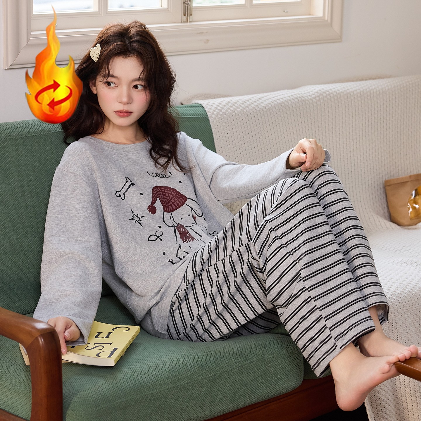 2026秋冬季德绒睡衣女长袖圆领加厚羊绒恒温保暖条纹裤家居服套装