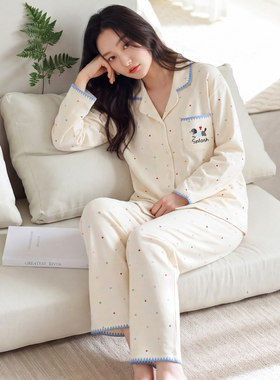 秋冬纯棉波点开衫睡衣套装女
