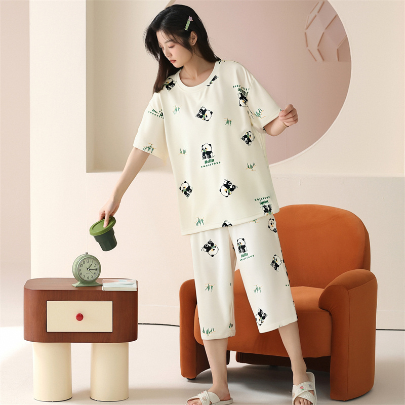 睡衣女夏季2025年新款短袖七分裤套装夏天薄款女士可爱熊猫家居服