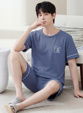 男士夏季薄款短袖短裤家居服套装
