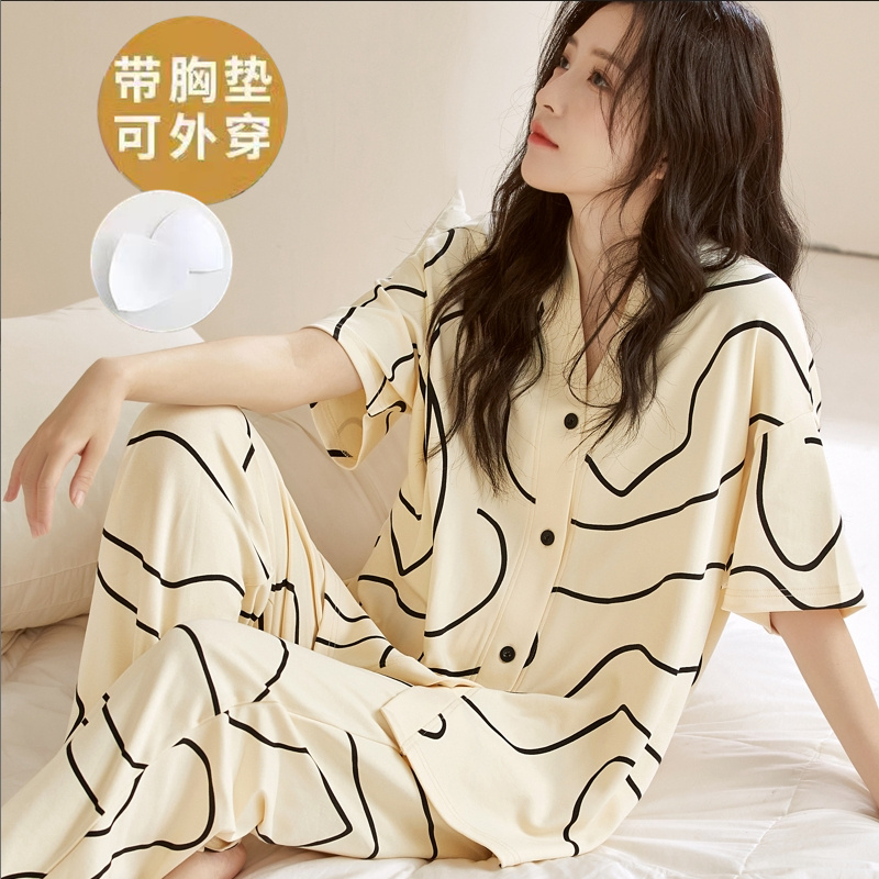 开衫睡衣女夏季短袖长裤免文胸自带胸垫一体韩版可外穿家居服套装