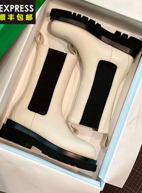 mona同款真皮白色切尔西靴英伦风中筒靴厚底烟筒靴子显瘦马丁靴女