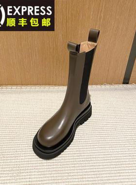 mona同款靴子女秋冬加绒棕色切尔西短靴女中筒马丁靴厚底烟筒靴女