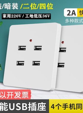 86型明装两孔四孔USB手机充电2个4位220V转5伏工地36VUSB插座面板