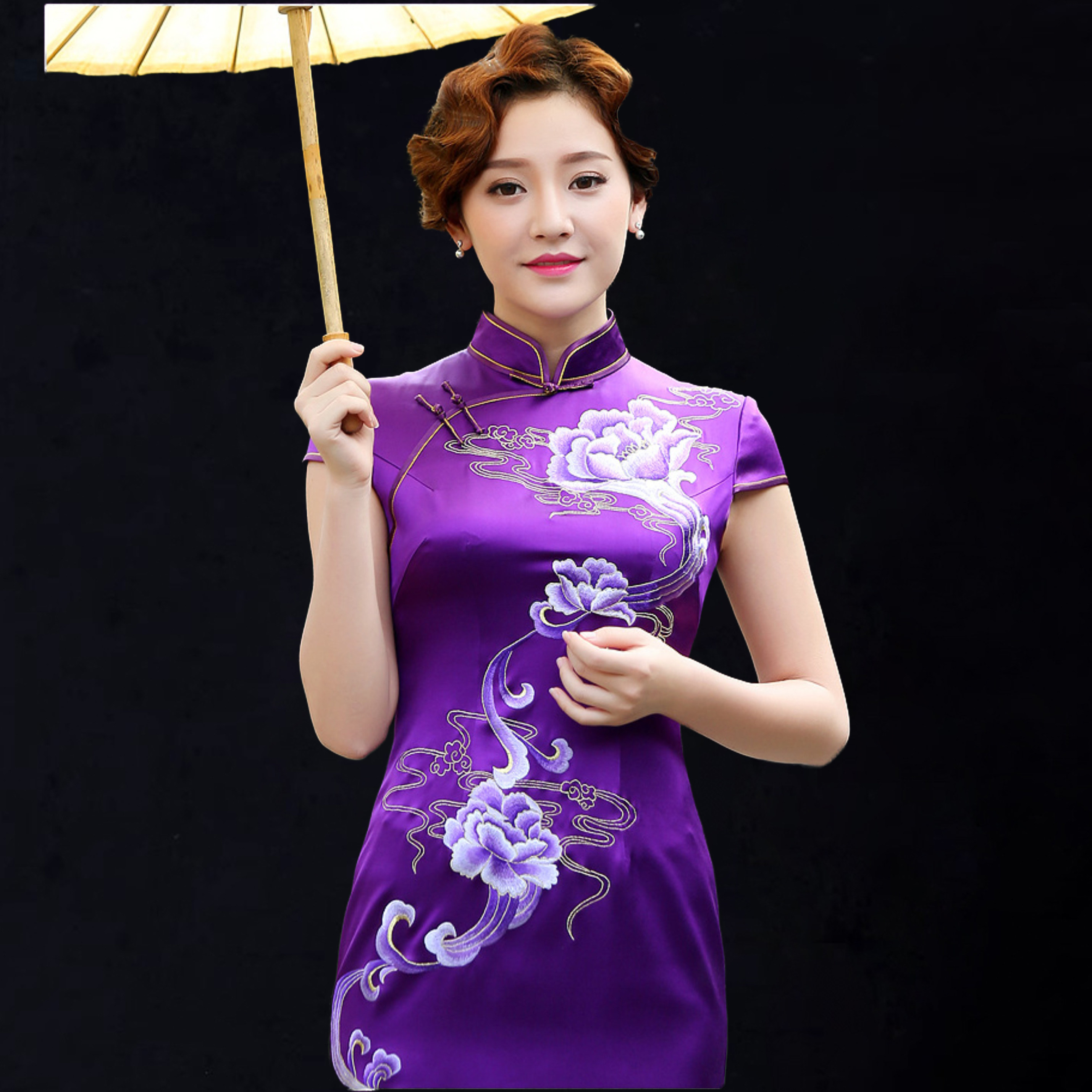 手工真丝旗袍裙修身改良妈妈长款桑蚕丝绣花订婚礼妈妈旗袍礼服裙