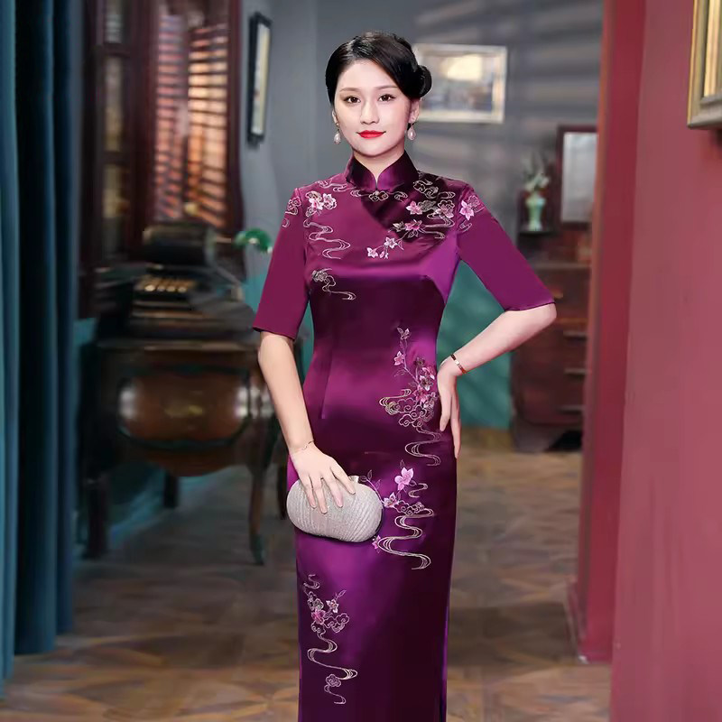 真丝绣花紫色改良版旗袍原创贴花婚宴晚宴妈妈装旗袍女婚庆喜妈妈