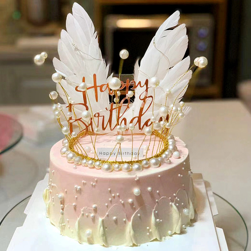 皇冠蛋糕装饰天鹅生日摆件插牌小王冠天使花束羽毛网红配件插件