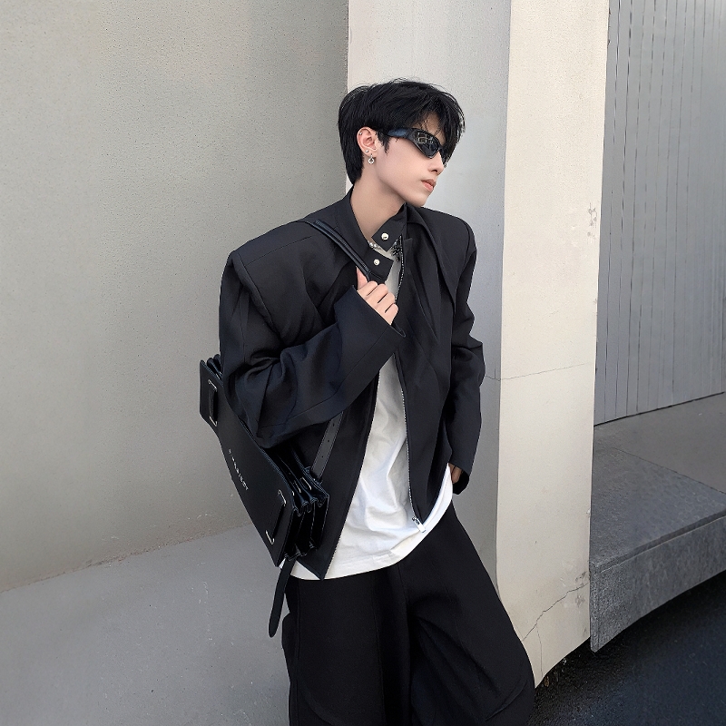 黑沧社/美式极简高级感痞帅垫肩外套男冬季立领中性设计感夹克潮