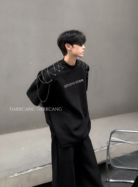 黑沧社/小众金属扣设计感铁链垫肩短袖男夏季高级感重磅痞帅T恤潮