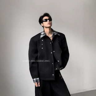 黑沧社/轻奢格纹领假两件短款夹棉夹克棉服男冬季高智感垫肩外套