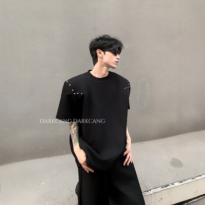 黑沧社/金属装饰解构设计感重磅垫肩短袖男夏季黑色高级感廓形T恤