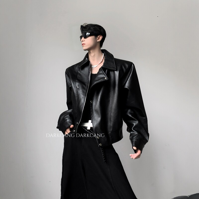 黑沧社/轻奢解构设计感短款皮衣外套男高级痞帅cleanfit垫肩夹克图片