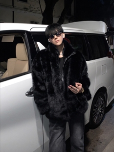 加厚棉服痞帅毛绒仿皮草大衣 立领黑色貂毛外套男冬季 黑沧社 美式