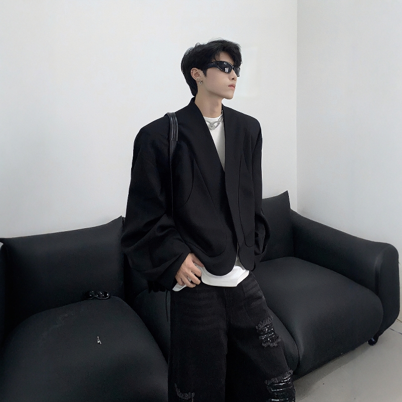 黑沧社/小众休闲短款无领垫肩西装外套男秋冬高级感轻奢西服痞帅