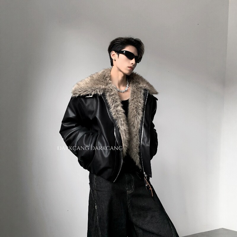 黑沧社/轻奢大毛领垫肩cleanfit座山雕外套男冬季夹棉夹克皮棉服