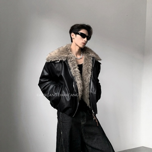 黑沧社/轻奢大毛领垫肩cleanfit座山雕外套男冬季夹棉夹克皮棉服