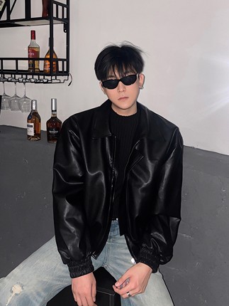 黑沧社/美式复古机车皮衣外套男设计感高级痞帅短款皮夹克潮