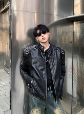 黑沧社/美式夹棉垫肩机车皮衣外套男冬季设计感加厚短款夹克棉服