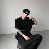 男夏季 黑沧社 轻奢双层v领设计感重磅垫肩短袖 高级感痞帅廓形t恤