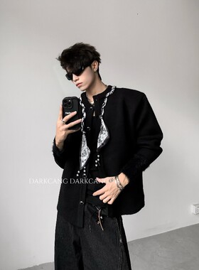 黑沧社/轻奢袖口拼水貂毛设计感垫肩开衫毛衣外套男高级感针织衫