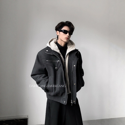 黑沧社/轻奢60%羊毛假两件cleanfit连帽棉服外套男冬加厚夹棉夹克
