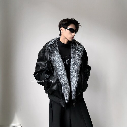 黑沧社/轻奢皮毛一体短款座山雕外套男冬季夹棉cleanfit夹克棉服
