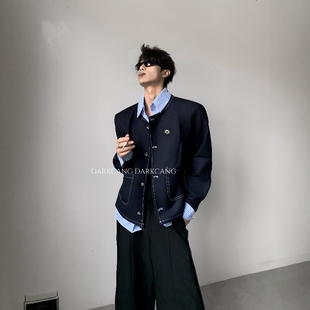 黑沧社/轻奢假两件设计衬衫领高智感垫肩外套男秋季cleanfit夹克