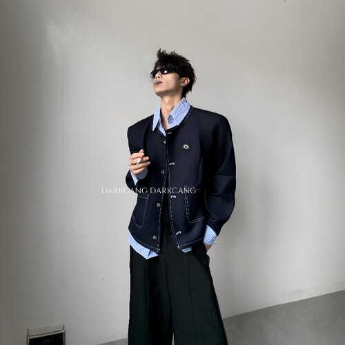 黑沧社/轻奢假两件设计衬衫领高智感垫肩外套男秋季cleanfit夹克