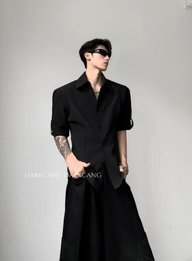 黑沧社/轻奢禁欲系修身垫肩短袖衬衫男夏季痞帅高级感收腰黑衬衣