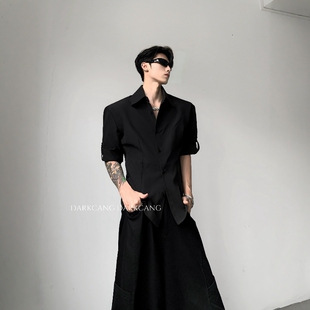 黑沧社/轻奢禁欲系修身垫肩短袖衬衫男夏季痞帅高级感收腰黑衬衣