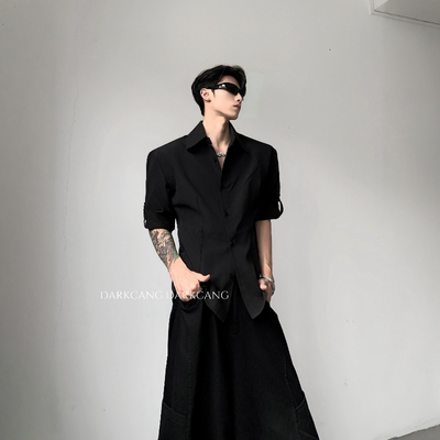 黑沧社/轻奢禁欲系修身垫肩短袖衬衫男夏季痞帅高级感收腰黑衬衣