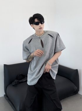 黑沧社/小众解构分割设计感灰色垫肩短袖男夏季透气高级感廓形T恤