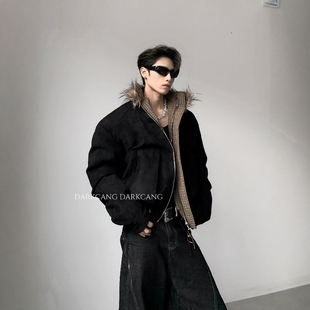 黑沧社/轻奢格纹毛领cleanfit垫肩棉服外套男冬季高级感夹棉夹克