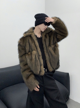 黑沧社/美式保暖黑色仿皮草外套男冬季高级加厚棉服短款貂皮夹克