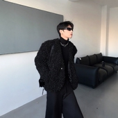 黑沧社 贵气时髦高级感羊羔毛外套男冬季 加厚小香风毛绒无领夹克