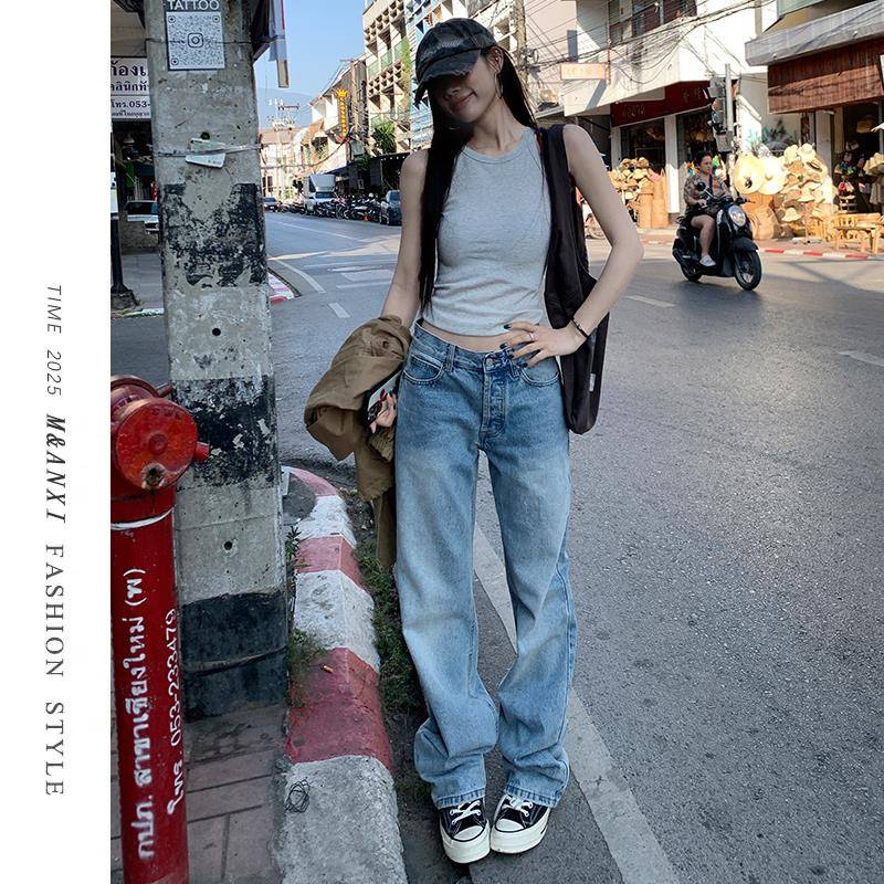 浅蓝色直筒牛仔裤女2025春夏新款美式辣妹显瘦百搭窄版宽松裤子