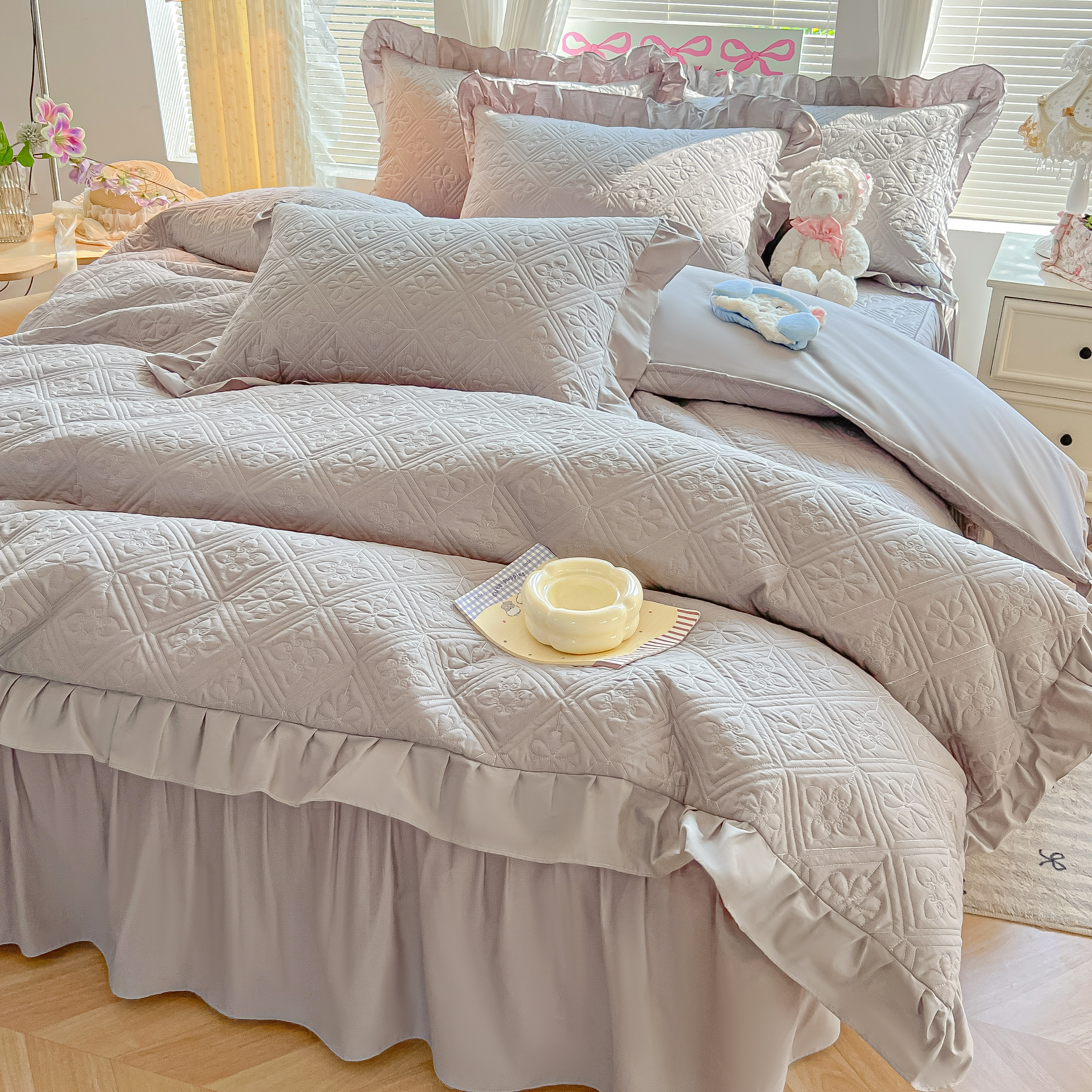 秋冬全套夹棉床裙式四件套纯棉加厚床罩被套全棉床上用品防滑床笠