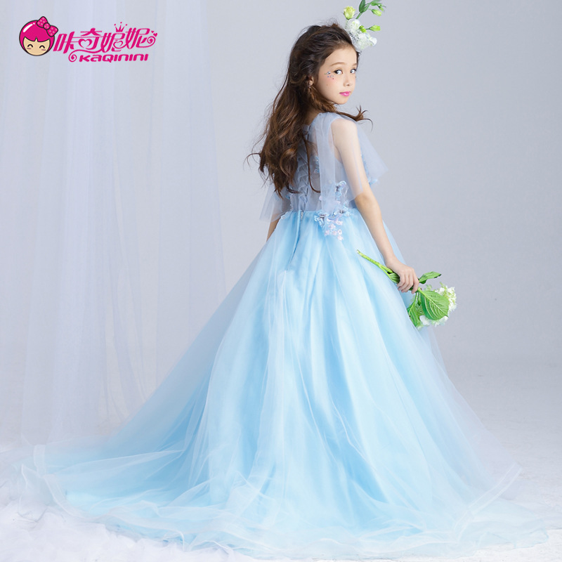 演出舞蹈裙吊带长拖尾花童礼服