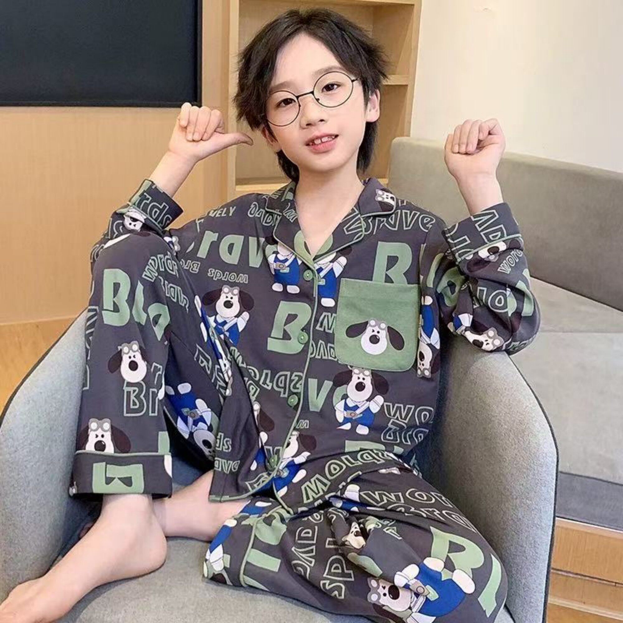 儿童睡衣男童睡裤男孩空调套春秋季长袖可爱猫冬空调服云感棉大童