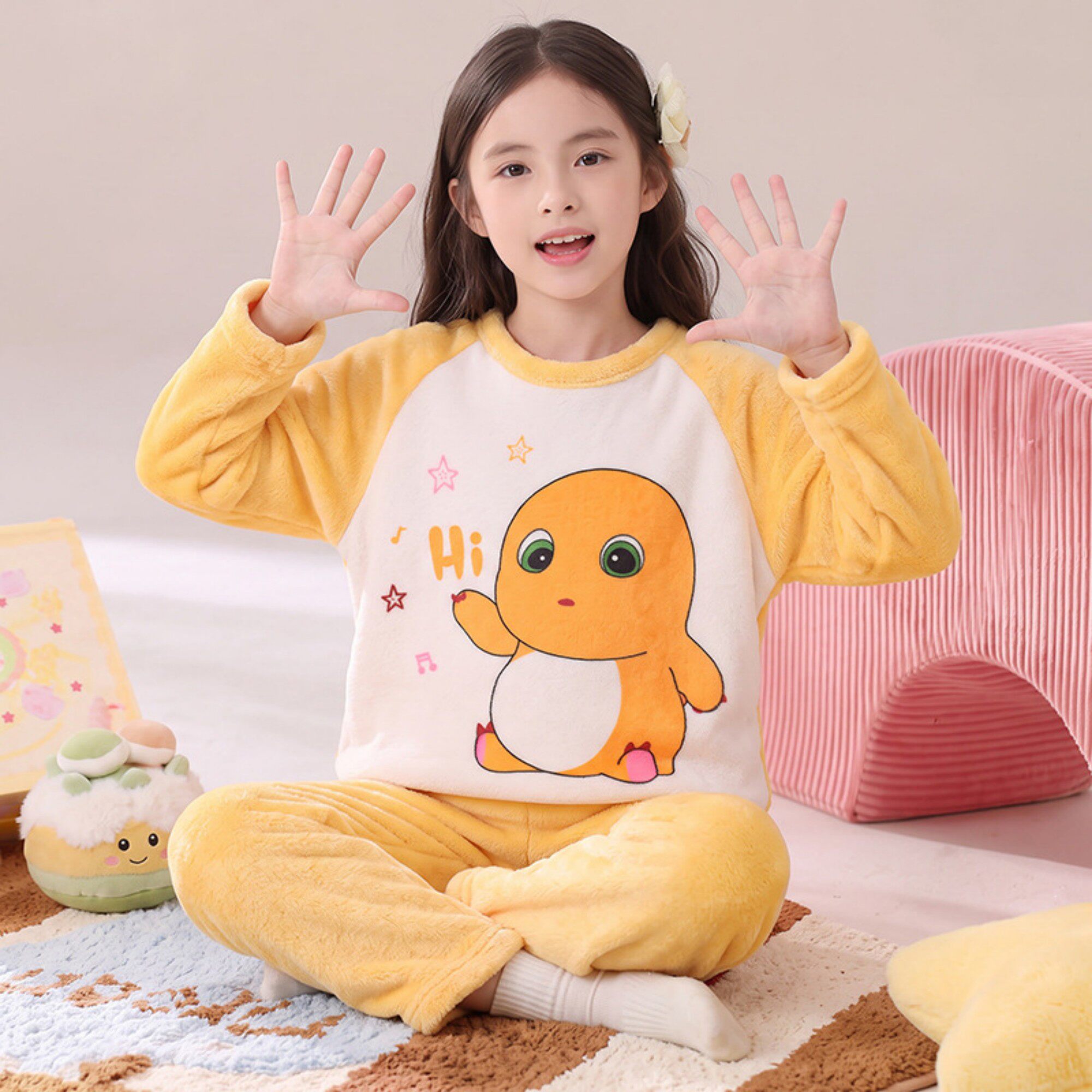 家居服加绒珊瑚绒秋冬款小恐龙冬季儿童加厚睡衣女童女孩套装十四