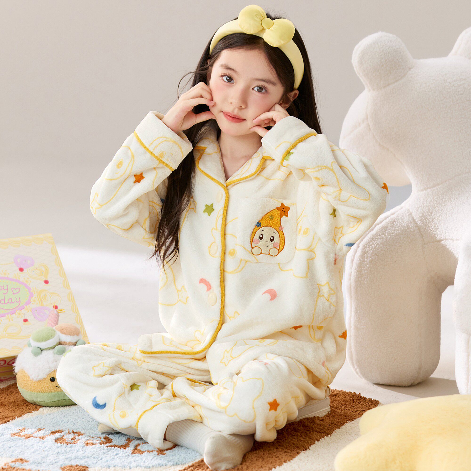 女童睡衣冬季保暖开衫空调服秋冬款加厚珊瑚绒加绒天蓝色女宝哥哥