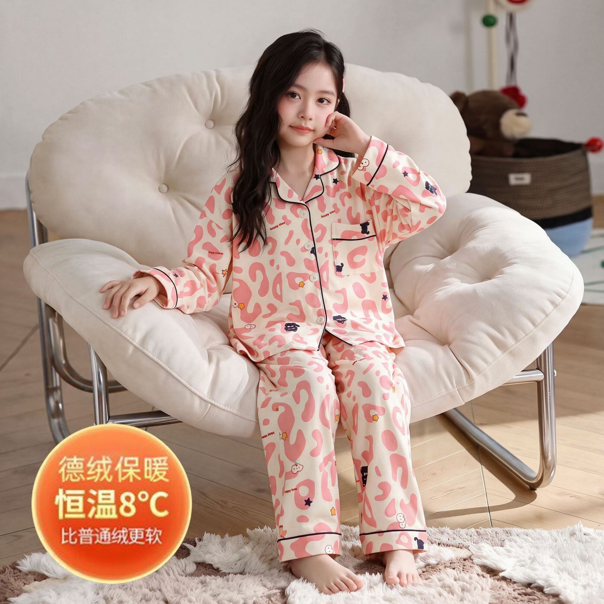 女孩秋冬款德绒姐妹六空调服冬季女童加绒卡通兔空调三岁儿童睡衣