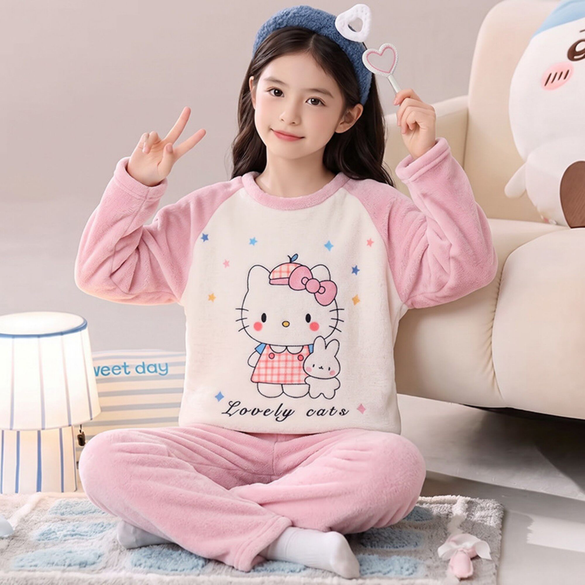 家居服加码女孩加绒秋冬款套装小口袋加厚儿童睡衣冬季珊瑚绒女童