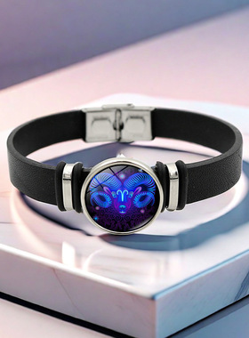 十二星座皮革手链男女通用热销黑色PU皮革手环手饰品生日礼物